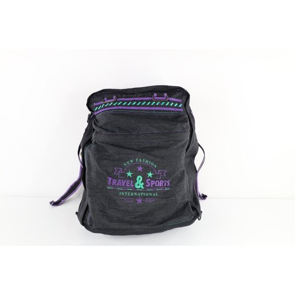 Vintage 90s Streetwear Geometric Backpack Book Bag Carry On Black Nylon main image 7